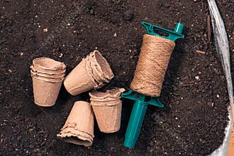 Biodegradable plant pots, jute rope and soil
