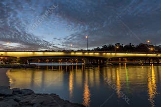 Beautiful view of the Narrows Bridge on the Swan River at blue hour, Perth, Western Australia