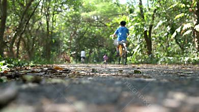 Happy family riding bikes on the track in the lush green forest.