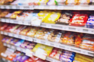 Chocolate snacks, dry food, beverages in supermarkets