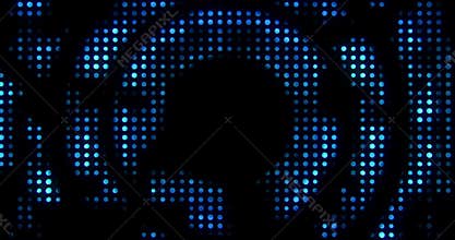 Vintage blue metallic loop circle with light reflex and blue rays effect on black background, concept of luxury live music disco