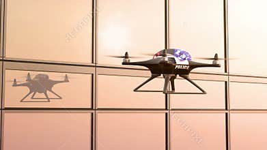 Morning Patrol, Police Quadcopter Flies along the Office Building