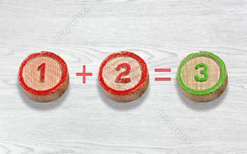 Three Wooden Pieces Depicting the Addition of Number One and Two