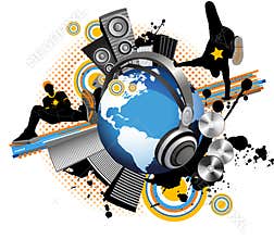 Globe with dancing youth men. Music city.