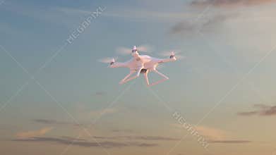Drone flies against time-lapse sky background