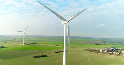 Aerial drone view on Wind Power, Turbine, Windmill, Energy Production. Green technology, a clean and renewable energy