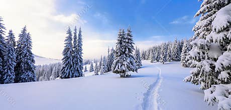 Winter landscape with fair trees under the snow. Scenery for the tourists. Christmas holidays.