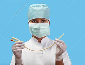 Female nurse with an urinary catheter