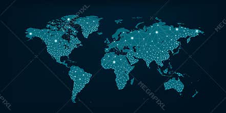 Communications network map of world Blue map Dark blue background