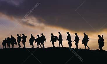Sillouette of WW2 Army Soldiers at dusk