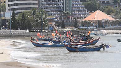 Vung Tau, Vietnam - January 27, 2018: Fishing boats at Vung Tau beach.