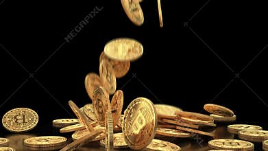 Gold bitcoins fall slow motion on pile.