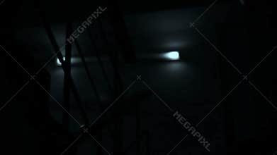 Scary dark staircase, flashes of light at night, horror film