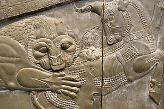 Ancient tile artwork with lion and unicorn in British Museum London