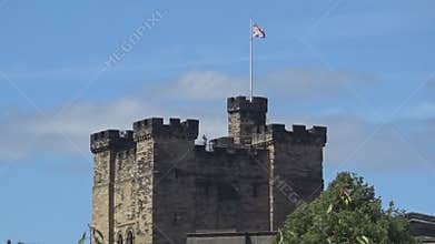 Castle in Newcastle upon Tyne with UK flag