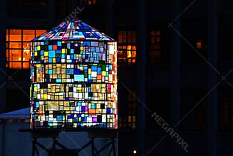 Multicolored water tower sculpture in Brooklyn