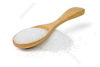 White sugar in wood spoon on white background