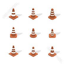 Cone sign road repair in 3D isometric style, vector illustration.