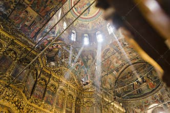 Rila monastery church ceiling paintings interior, historical monastery in Bulgaria