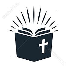 Simple Bible icon. Open book with rays of light shining from pages. Religion, church, Bible study concept contemporary style