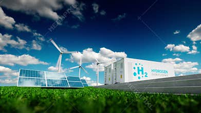 Ecology energy solution. Power to gas concept. Hydrogen energy storage with renewable energy sources - photovoltaic and wind turbi