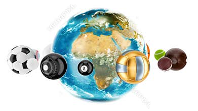 Earth globe with sport balls around animation concept, 3D rendering