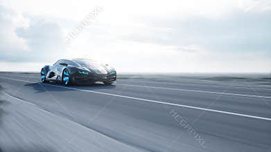 Black futuristic electric car on highway in desert. Very fast driving. Concept of future. 3d rendering.