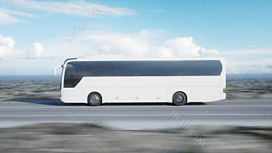 Tourist white bus on the road, highway. Very fast driving. Touristic and travel concept. 3d rendering.
