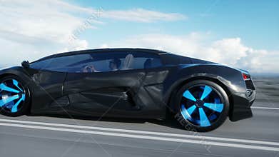 Black futuristic electric car on highway in desert. Very fast driving. Concept of future. Realistic 4k animation.