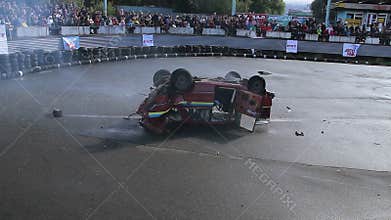 Car jumps into air, dangerous stunt, explosion sound. Part1of2