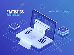 Electron bill, biing system online payment, finance report concept, program code, laptop neon dark isometric