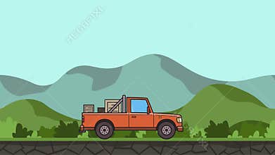 Animated pickup truck with boxes in the trunk riding through green valley. Moving delivery car on hilly landscape