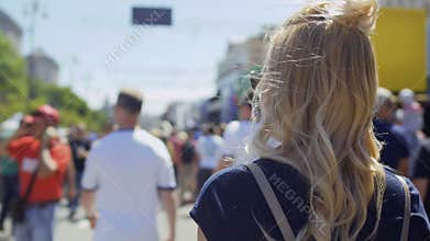 Kyiv, Ukraine, May 26, 2018 - Young girl walk in fan zone - Champions League