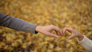 Loving students putting their hands in shape of heart, autumn romance, date