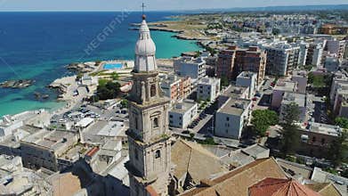 Old Church in Monopoly and blue sea coastline in Italy Drone flight 4k