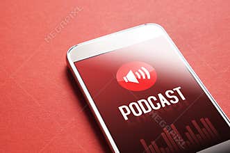 Podcast app on smartphone. Listening to sound and audio.