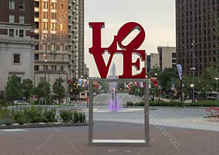 Reproduction of Robert Indiana`s Love sculpture in John F. Kennedy Plaza, Center City, Philadelphia, Pennsylvania