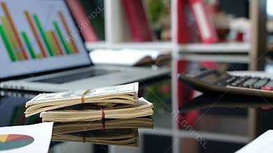 Transfer bundles of money. Money deal. Cash dollar bundle on table