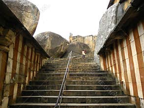 Hassan, Karnataka, India - September 12, 2009 Stone steps which leads to the top of the Jain temple on Vindhyagiri Hill