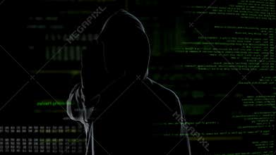 Secret hacker making stop gesture, warning government against illegal actions