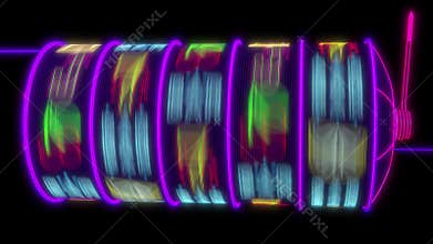Neon slot machine hitting a 77777 jackpot. 4K