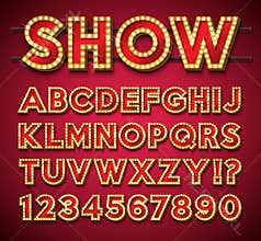 Light Bulb Alphabet with gold frame and shadow on red backgrond. Glowing retro vector font collection with shiny bright