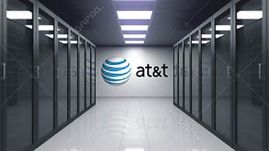 American Telephone and Telegraph Company AT&T logo on the wall of the server room. Editorial 3D animation