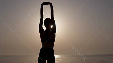 Stunning backside view of a slender, fit girl standing against the sea. Meets morning sunrise. Strong and aspiring