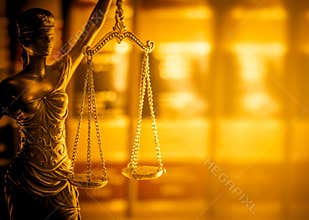 Legal law concept image, Scales of Justice, golden light.