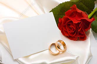 Wedding rings, rose and card