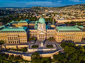 Budapest, Hungary - Aerial view of the famous Buda Castle Royal palace at sunrise with Buda side