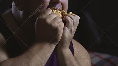 Greasy food all over the face of fat man, ugly and messy behavior, closeup