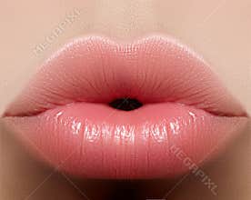 Closeup kiss natural lip makeup. Beautiful plump full lips on female face. Clean skin, fresh make-up. Spa tender lips
