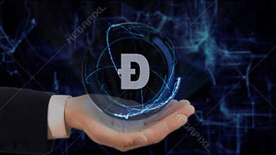 Painted hand shows concept hologram Sign DOGE on his hand